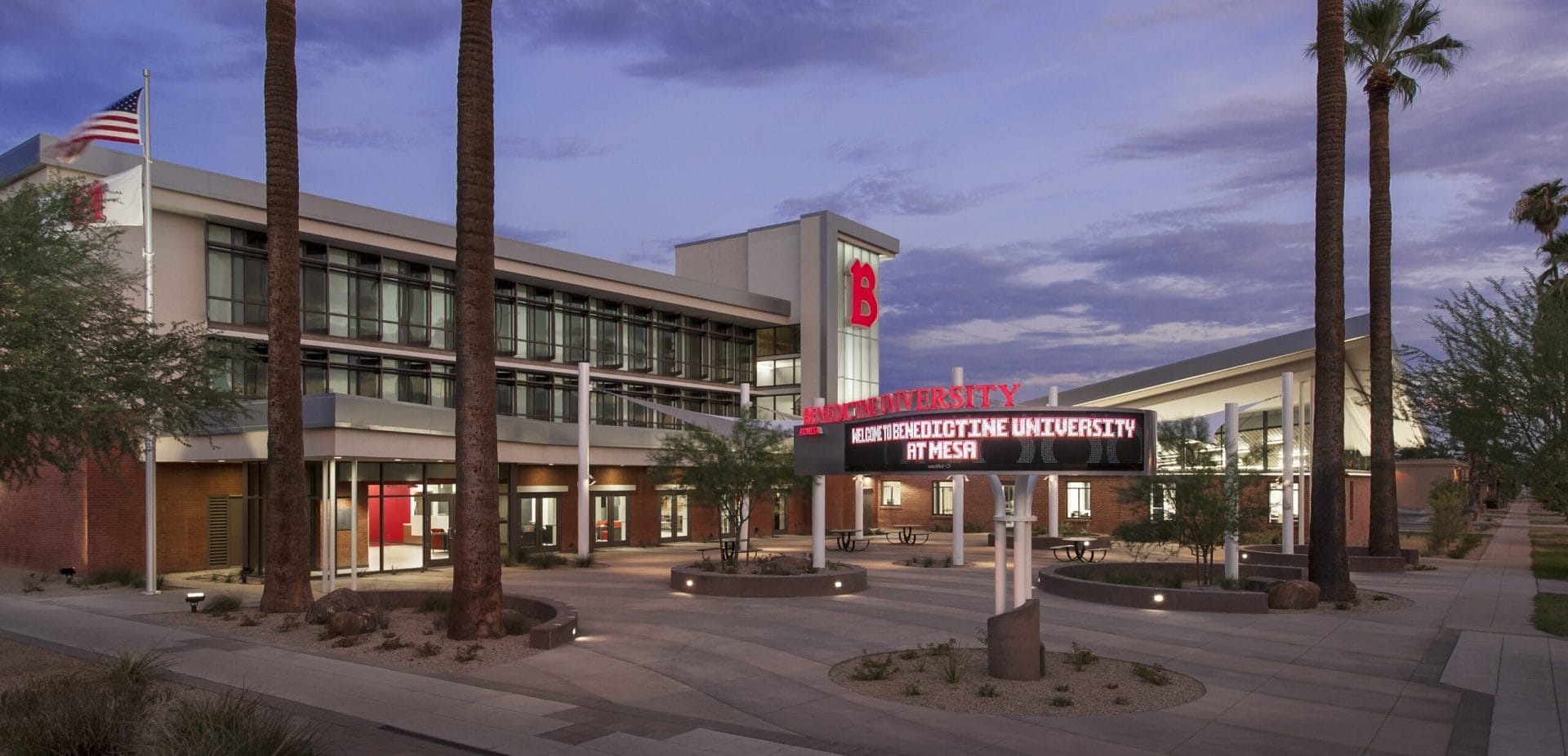 Night image of Gillett Hall, Mesa campus