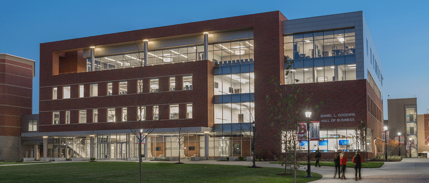 Goodwin Hall evening lights on